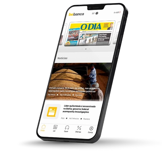 Tela do smartphone exibindo o app Bebanca, solução de SVA da Campsoft com jornais e revistas digitais para clientes de provedores de internet