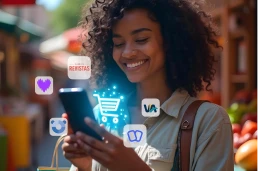 Cliente jovem sorrindo, visualizando ícones de múltiplos Serviços de Valor Adicionado (SVAs), incluindo Clube de Revistas, Taplingo, Deezer, Panda, e Vialivros, no smartphone.