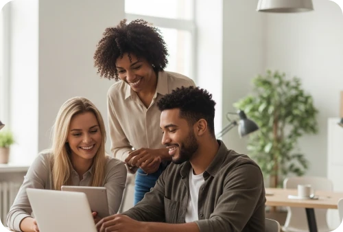 duas mulheres e um homem em reunião, sorrindo e focada na tela do notebook, aplicando estratégias para otimizar SVAs, reduzir custos e impulsionar o crescimento sustentável.
