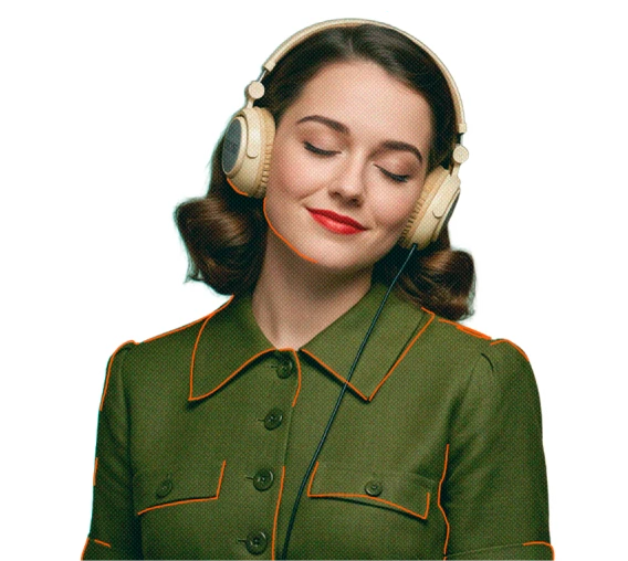 moça vestida de verde, sorrindo de olhos fechados, enquanto escuta audiolivros